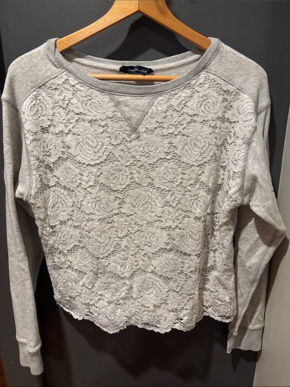Abercrombie & Fitch Light Gray Lace-Front Crewneck Sweatshirt